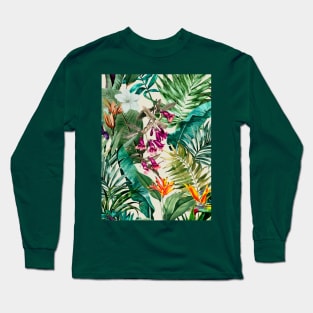 Elegant Tropical floral leaves and foliage botanical illustration, botanical pattern, tropical plants, beige  leaves pattern over a T-Shirt Long Sleeve T-Shirt